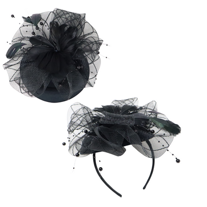 Fascinator Beaded Net Bow Cup Black