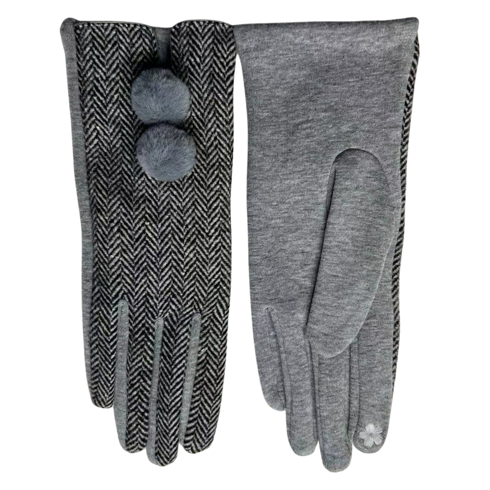 Herringbone Gloves with Double Pom-Pom