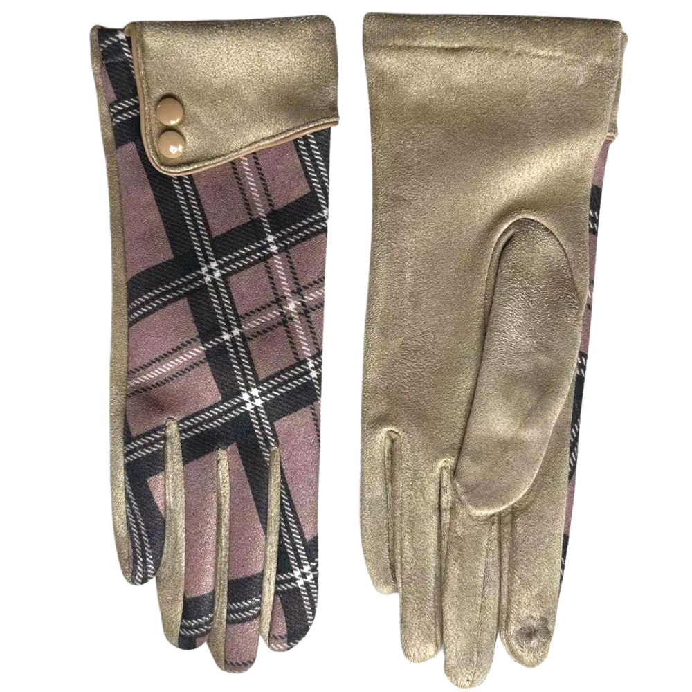 Check Gloves with Double Button Sleeve